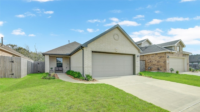 view of front of home featuring driveway, brick siding, fence, a garage, and a front yard