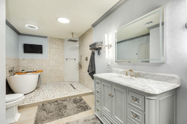 bathroom with walk in shower, tile walls, vanity, ornamental molding, and a soaking tub