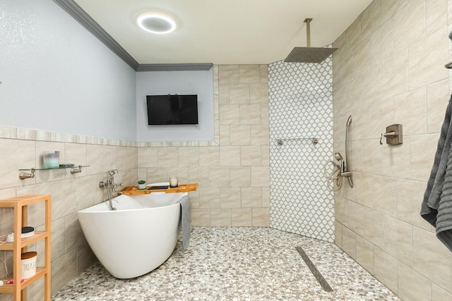 bathroom featuring a soaking tub, crown molding, tile walls, and walk in shower