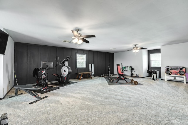exercise room with a ceiling fan, visible vents, and carpet floors