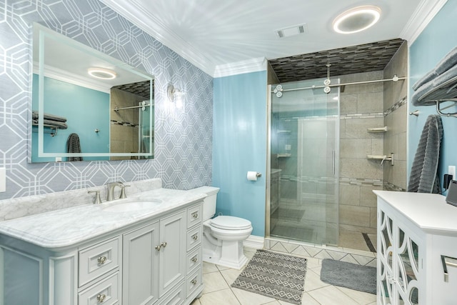 full bathroom with a shower stall, ornamental molding, and visible vents