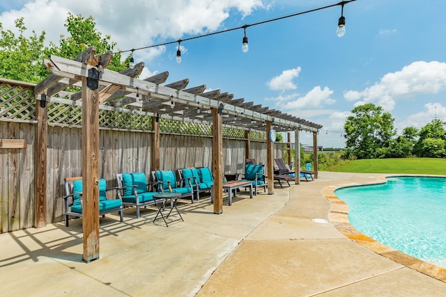 view of pool featuring a patio area, a pergola, a fenced in pool, and fence