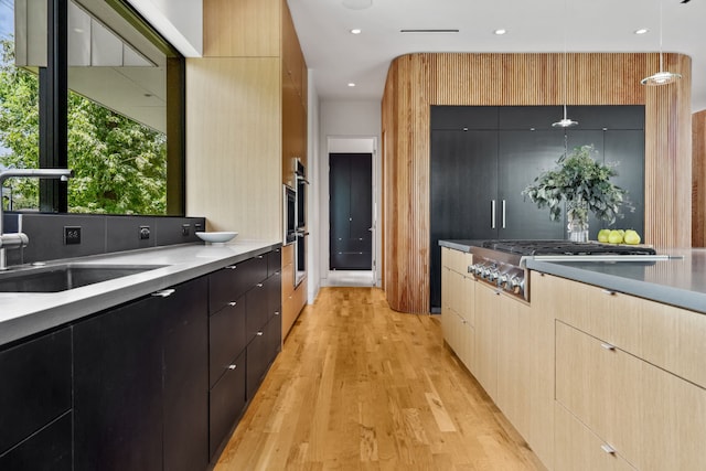 1900 W 14th St, Houston, TX 77008 - kitchen featuring decorative light fixtures, modern cabinets, a sink, light wood-style floors, and appliances with stainless steel finishes