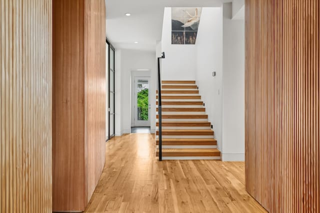 1900 W 14th St, Houston, TX 77008 - hall with light wood finished floors, recessed lighting, baseboards, and stairs