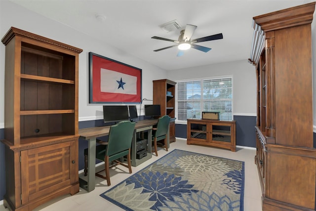 home office featuring a ceiling fan and visible vents