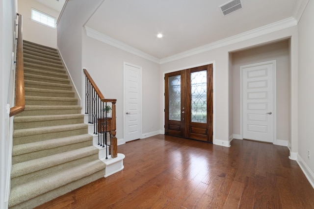 17803 Netherby Ln, Richmond, TX 77407 - entrance foyer featuring stairway, dark wood-style flooring, ornamental molding, and recessed lighting