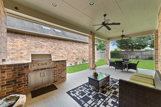 17803 Netherby Ln, Richmond, TX 77407 - view of patio with exterior kitchen, outdoor dining area, outdoor lounge area, and ceiling fan
