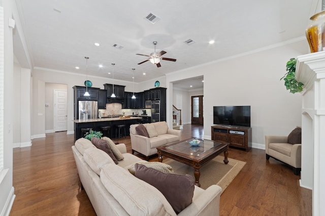 17803 Netherby Ln, Richmond, TX 77407 - living area featuring ceiling fan, recessed lighting, wood finished floors, and crown molding
