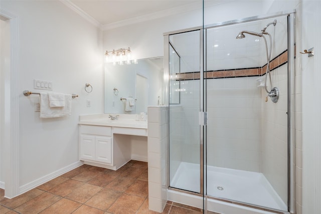 2827 Briarhurst Park, Houston, TX 77057 - bathroom featuring a shower stall, ornamental molding, vanity, and baseboards