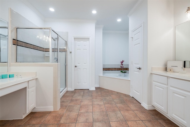 2827 Briarhurst Park, Houston, TX 77057 - full bath featuring a stall shower, baseboards, a bath, vanity, and crown molding