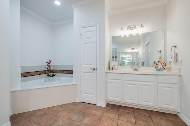 2827 Briarhurst Park, Houston, TX 77057 - full bathroom with stone finish flooring, ornamental molding, a garden tub, and vanity