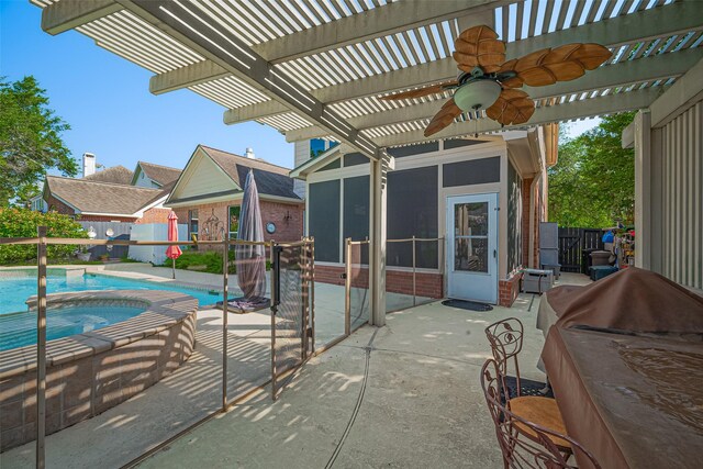 view of pool featuring a sunroom, a pergola, a ceiling fan, and a fenced backyard