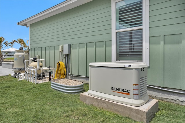 exterior details with board and batten siding, pump, and a power unit
