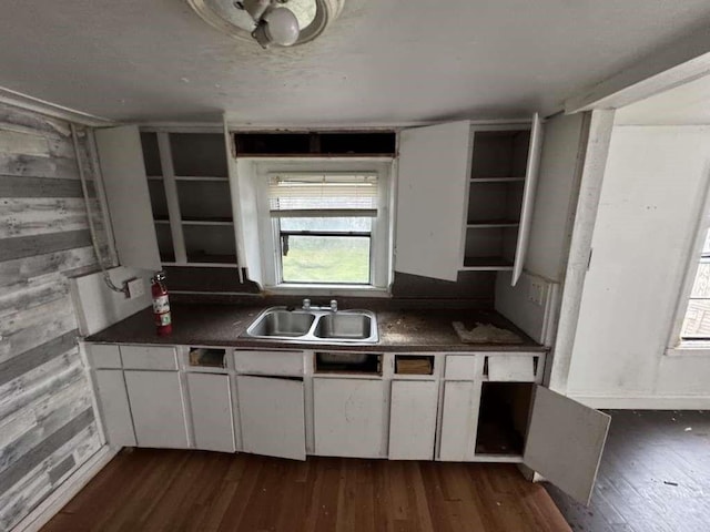 kitchen featuring dark countertops, plenty of natural light, dark wood finished floors, and a sink