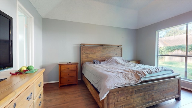 9310 Palm Shores Dr, Spring, TX 77379 - bedroom with vaulted ceiling, baseboards, and dark wood finished floors
