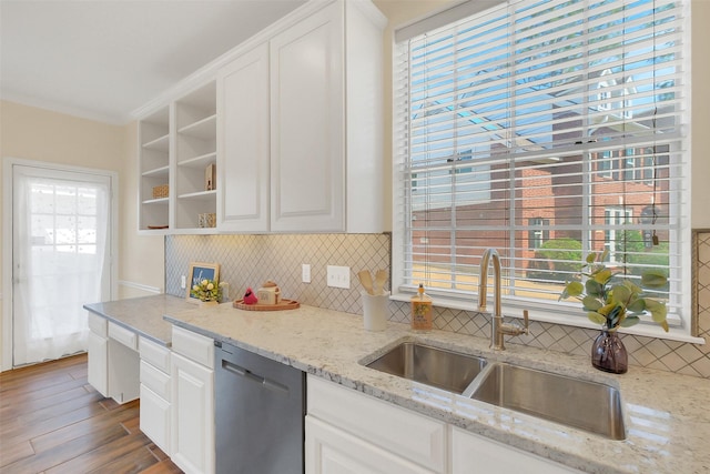 14906 Stonemeade Pl, Cypress, TX 77429 - kitchen featuring stainless steel dishwasher, a sink, white cabinetry, open shelves, and backsplash