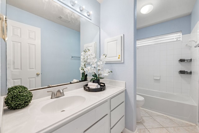 bathroom with tile patterned floors, vanity, toilet, and shower / bathtub combination