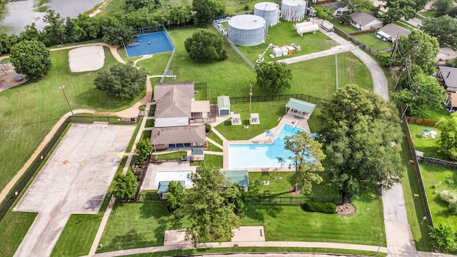 drone / aerial view of a pool area