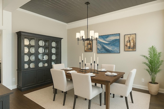 dining room featuring dark wood-style floors, wood ceiling, a chandelier, and baseboards