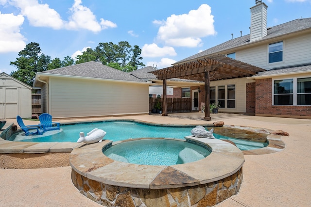 view of pool with a pergola, a patio area, a storage shed, fence, and a pool with connected hot tub