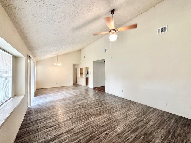 4230 E Terrace Creek Cir, Houston, TX 77014 - spare room with wood finished floors, ceiling fan with notable chandelier, high vaulted ceiling, a textured ceiling, and visible vents