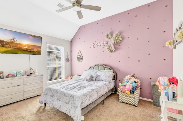 bedroom with ceiling fan, visible vents, light colored carpet, and vaulted ceiling