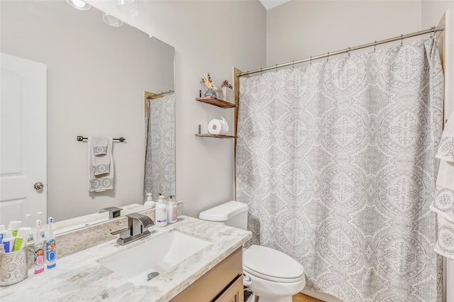 full bathroom with toilet, a shower with curtain, and vanity