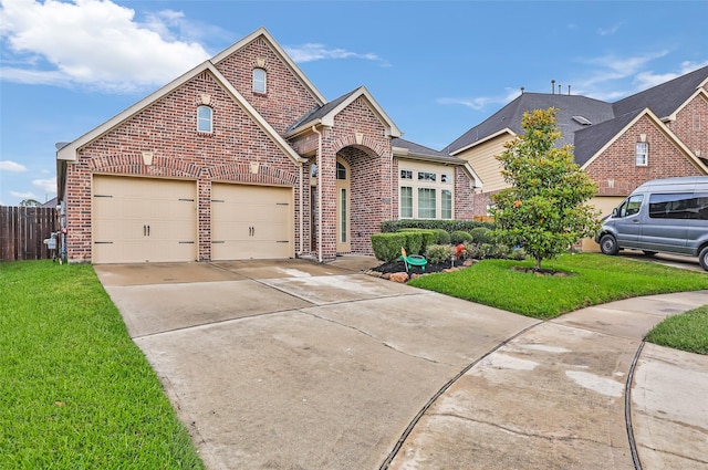traditional home featuring driveway, brick siding, a front lawn, and fence