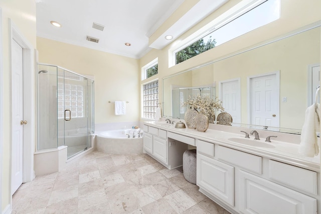 1910 Stormcroft Cir, Katy, TX 77450 - full bath featuring a stall shower, a bath, ornamental molding, double vanity, and recessed lighting
