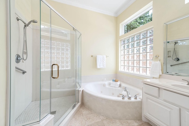 1910 Stormcroft Cir, Katy, TX 77450 - bathroom with a shower stall, crown molding, a tub with jets, and vanity