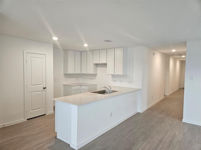 kitchen featuring a sink, recessed lighting, baseboards, and wood finished floors