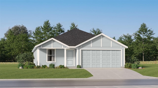 single story home featuring an attached garage, roof with shingles, driveway, and a front yard