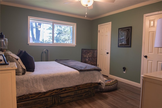 2411 Orange St, Waller, TX 77484 - bedroom featuring ornamental molding, baseboards, a ceiling fan, and wood finished floors