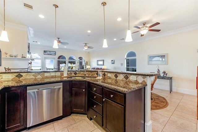 kitchen with light tile patterned flooring, dishwasher, visible vents, and a ceiling fan