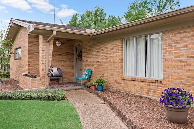 view of exterior entry with brick siding