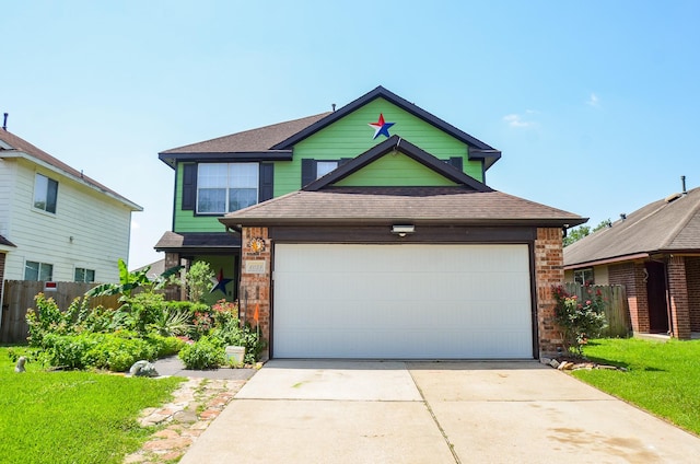 traditional-style home featuring roof with shingles, a garage, fence, and brick siding