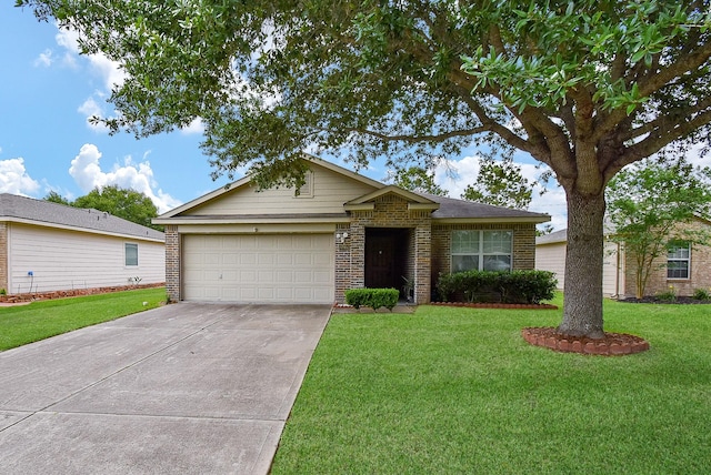 ranch-style home with an attached garage, a front lawn, concrete driveway, and brick siding