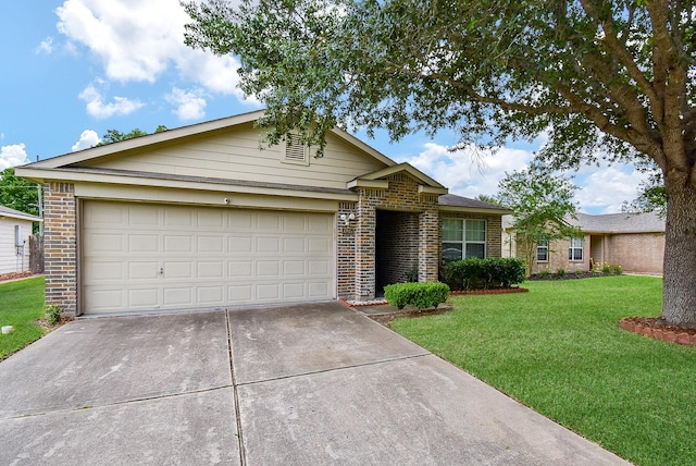 ranch-style house featuring concrete driveway, brick siding, a front lawn, and a garage