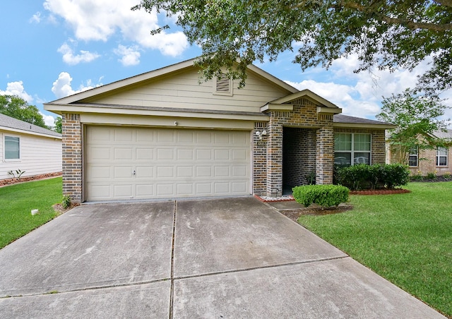 ranch-style home with brick siding, concrete driveway, a front yard, and a garage