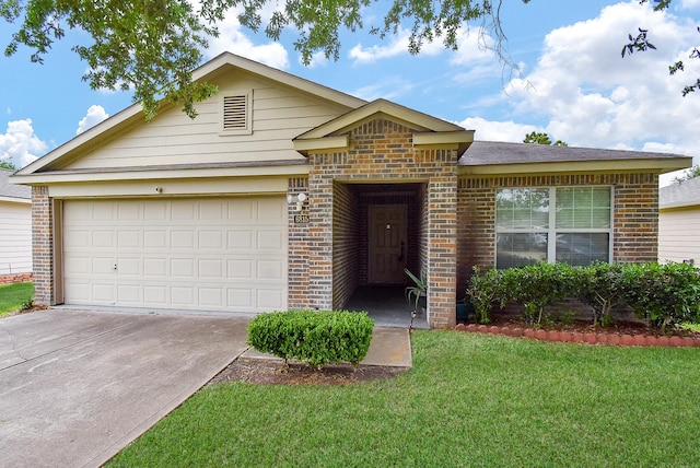 single story home featuring brick siding, a front yard, driveway, and a garage