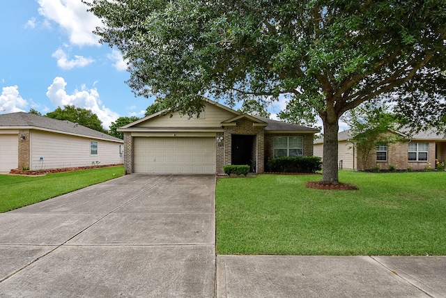 ranch-style home featuring an attached garage, brick siding, a front lawn, and driveway