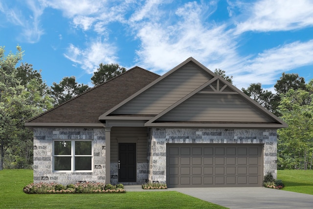 craftsman-style house with a front lawn, stone siding, and a garage