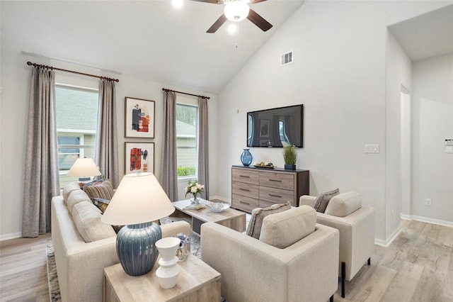 living room featuring a ceiling fan, baseboards, visible vents, high vaulted ceiling, and light wood-style floors