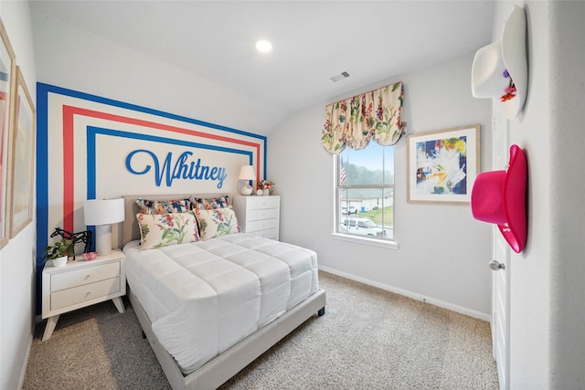 bedroom with lofted ceiling, recessed lighting, baseboards, carpet flooring, and visible vents