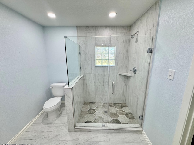 11615 Harrow St, Houston, TX 77093 - bathroom featuring toilet, marble finish floor, baseboards, and a stall shower