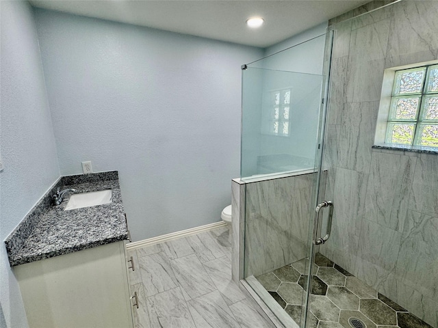 11615 Harrow St, Houston, TX 77093 - full bath with toilet, baseboards, vanity, and a shower stall