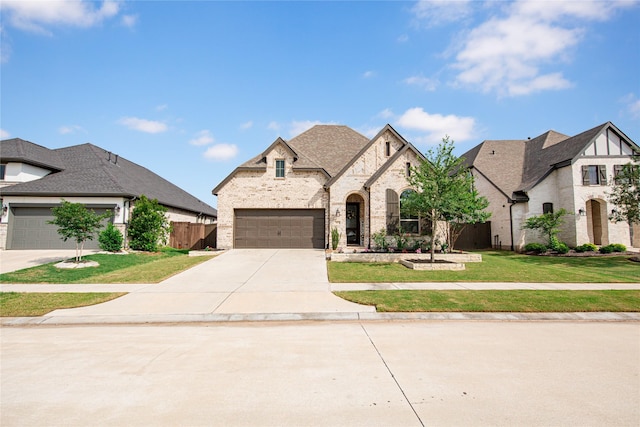 french country inspired facade with driveway, brick siding, a front lawn, and fence