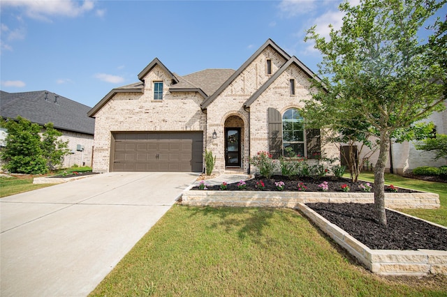 french country style house featuring concrete driveway, brick siding, an attached garage, and a front yard