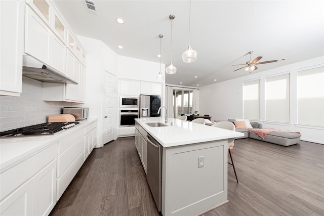 kitchen with a sink, visible vents, under cabinet range hood, decorative backsplash, and appliances with stainless steel finishes