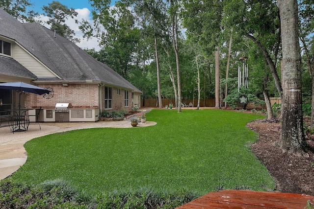 view of yard featuring a patio area, exterior kitchen, and fence